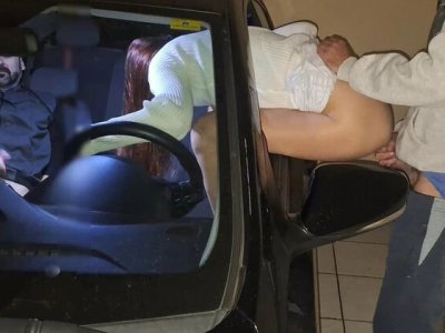 Husband watches wife get fucked doggy style in parking lot - public creampie squirting